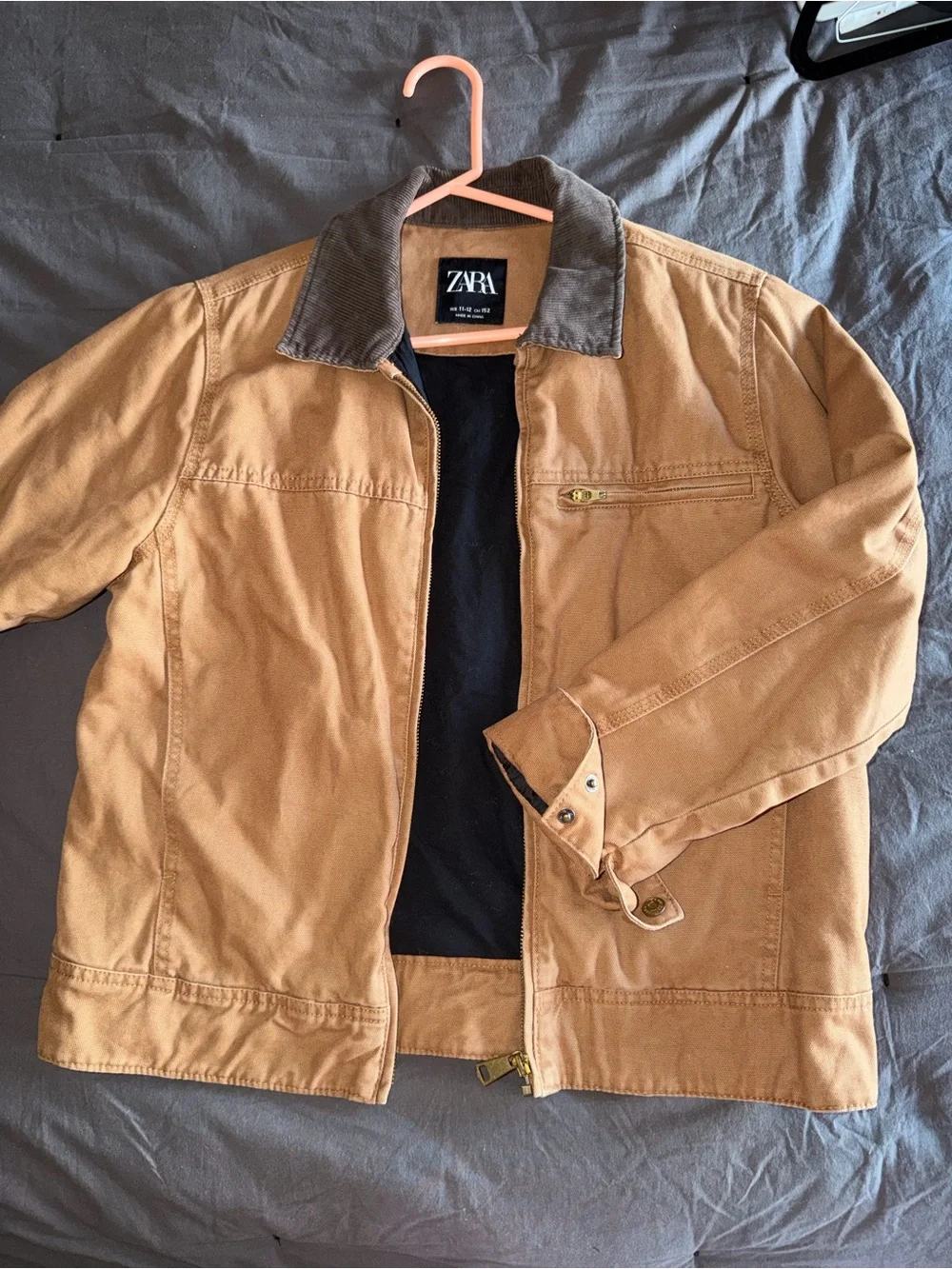 Zara Boys Brown Canvas Field Jacket with Corduroy Collar